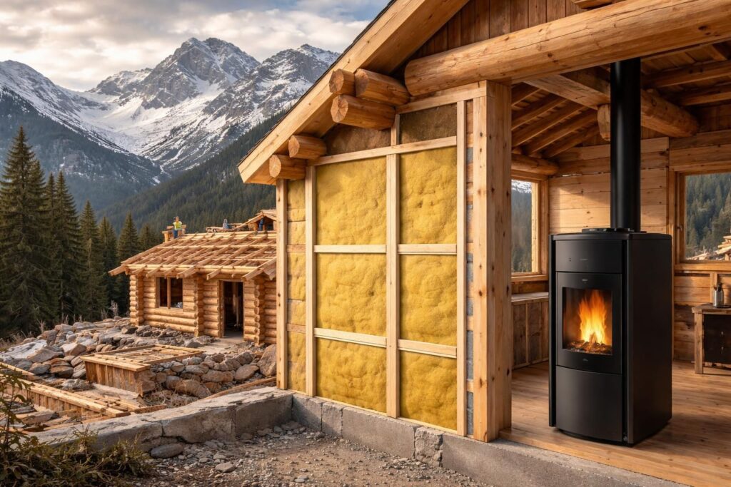 Monter chalet montagne demande isolation renforcée et poêle granulés Palazzetti