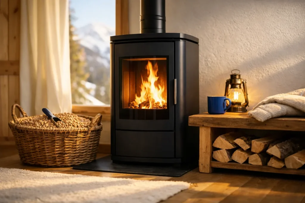 Le poêle à granulés dans une maison de montagne